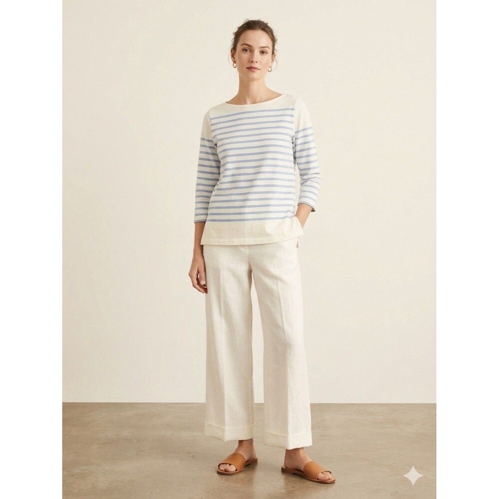 J Crew Breton Striped Boatneck Top Womens Small S Blue White 3/4 Sleeve Coastal